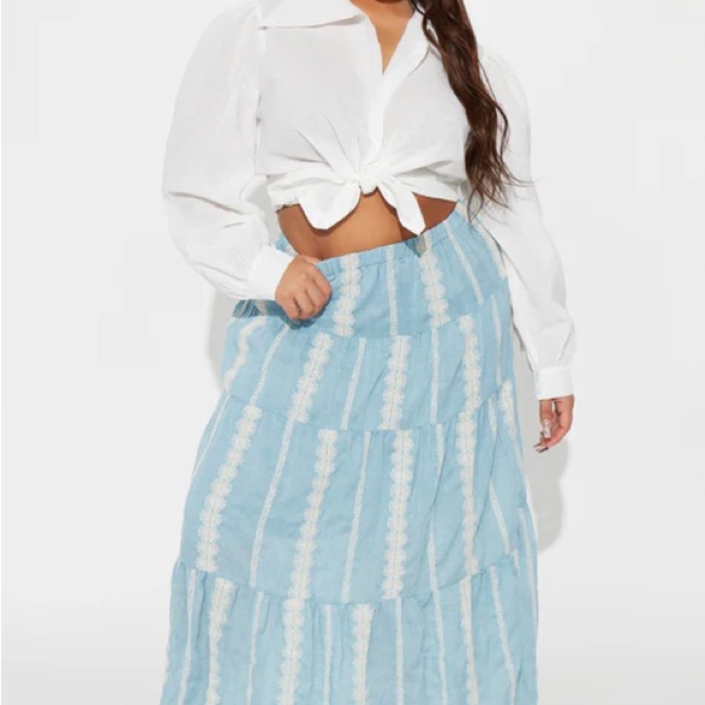 Blue Embroidered Tiered Skirt